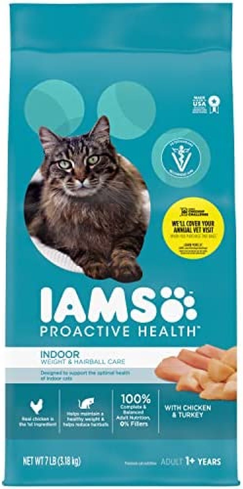 IAMS PROACTIVE HEALTH Adult Indoor Weight Control & Hairball Care Dry Cat Food with Chicken & Turkey Cat Kibble, 7 lb. Bag