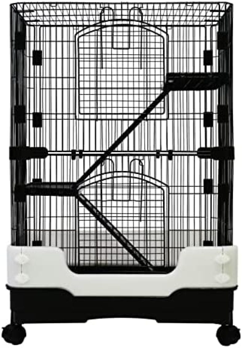 3 Levels Chinchilla Ferret Hamster Pet Crate with Caster Tray and Urine Guard (Black)