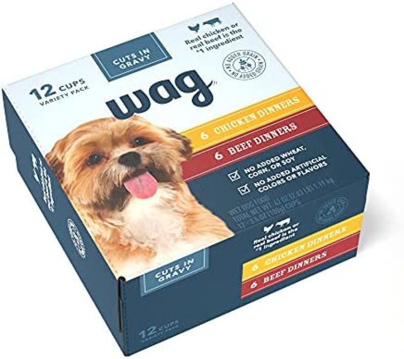 Amazon Brand – Wag Wet Dog Food Cups, Chicken & Beef in Gravy Variety Pack, 3.5oz, 12 pack